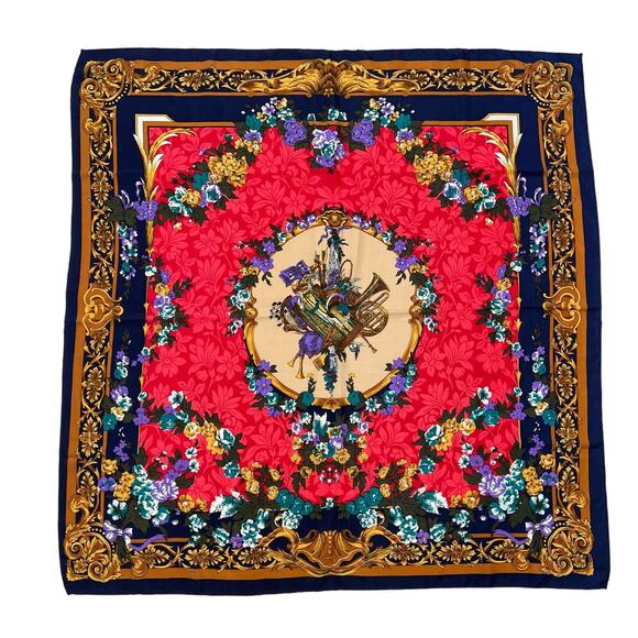 Silk Scarf Floral and Musical Instrument Print Navy Border